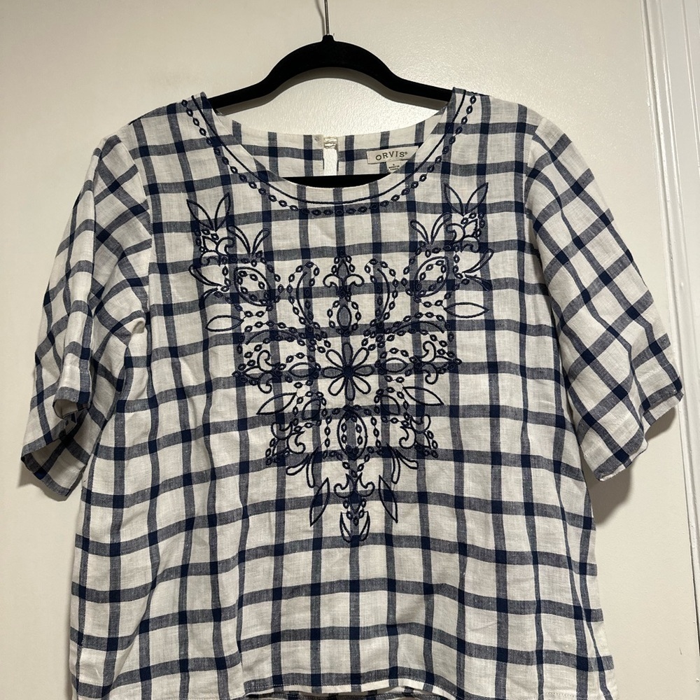 ORVIS Women's Sz: S Top Embroidered Linen Navy White Short Sleeve Cropped.